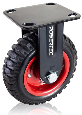 POWERTEC 8 Inch Caster Wheels, Heavy Duty Fixed Plate Casters with Rubber Knobby Tread for Workbench, Dolly, Cart, Trolley, Wagon and Chicken Coop, Large Rubber Castor Wheels, 1PK (17053)
