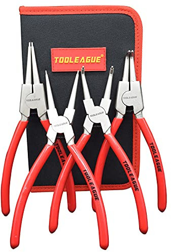 TOOLEAGUE 4-teiliges Sprengringzangen-Set, Sicherungsringzange, 22,9 cm innen/außen, strapazierfähig, für Ringentferner, Halterung, gerade gebogene Sicherungsringzange, Set