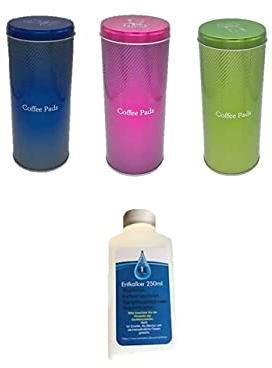 Vorratsdose für Kaffeepads - Kaffeedose für Kaffeepads - blau pink grün Aufbewahrungsbehälter für Kaffeepads + Entkalker Konzentrat (flüssig) für Kaffeevollautomaten und Haushaltsgeräte, 1 x 250ml
