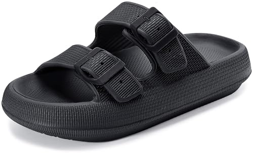 Weweya Pillow Slipper for Women and Men Rubber Sandal Adjustable 2 Buckle Soft Slides Black Men Size 8.5 9 9.5 Women Size 9.5 10 10.5