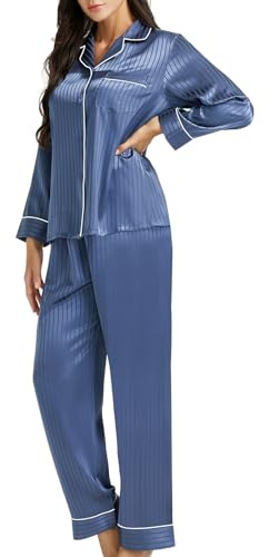 Pyjama en Satin de Soie pour Femme - Vêtements de détente - Tailles XS à 3XL - Cadeaux, Rayures Bleues, XL