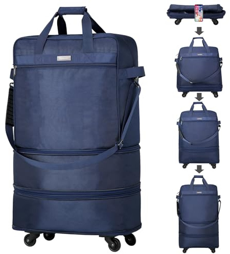 Hanke Sac à bagages extensible et pliable Ripstop - Léger - 50,8/61/71,1 cm - Sans poignée télescopique, Version mise à niveau bleue, Valise pliable extensible avec 4 roulettes pivotantes silencieuses