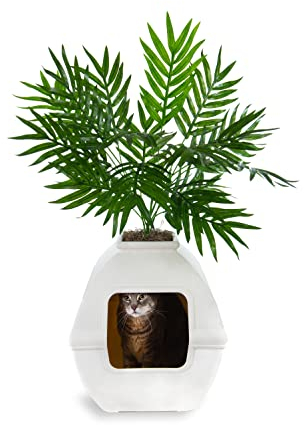 Good Pet Stuff Base Kit Gömd kattlåda med konstväxt, dekorativ fyrkantig kruka i innergårdsstil (Courtyard Square), kolfilter för luktkontroll, lätt att rengöra, tillverkad i USA, vit