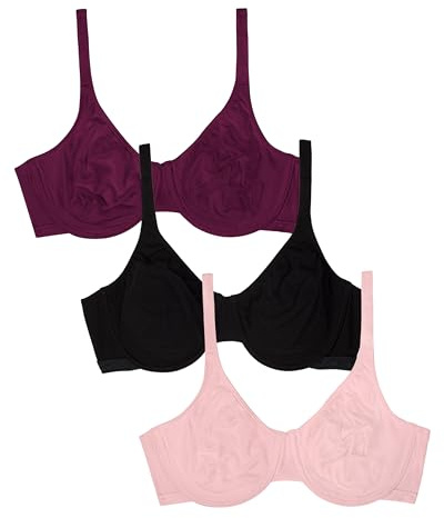 Fruit of The Loom Women's Multi-Pack Unlined Underwire Cotton Bra, Purple Velvet/Blushing/Black, 40D