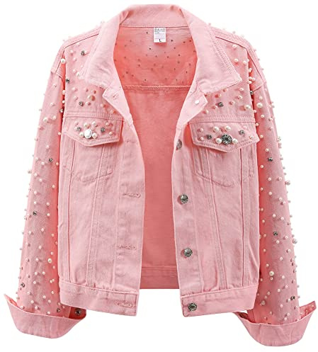 LifeShe Veste en jean pour femme avec perles et strass à coupe courte, rose, M