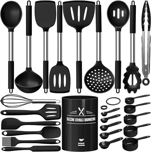 Küchenhelfer Set, 26-teiliges Silikon Kochutensilien Kochbesteck Set, Hitzebeständiger Kochgeschirr mit Utensilienhalter, Antihaft Kochset Küchenutensilien mit Edelstahlgriff, Spülmaschinenfest