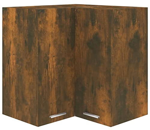 Tidyard - Armario de esquina colgante, armario de almacenamiento, cocina, armario de pared, armario de 2 estantes de madera, roble ahumado, 57 x 57 x 60 cm