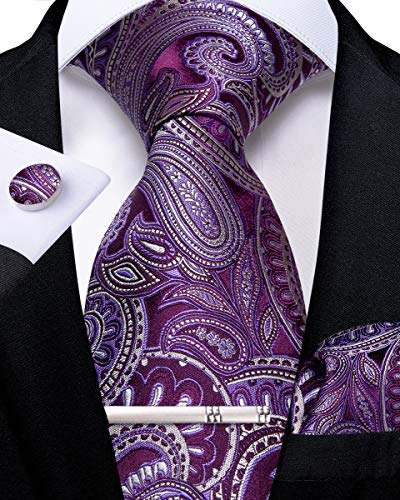 DiBanGu Herren Lila Paisley Krawatte für Hochzeit Formelle Seide violett Krawatte und Einstecktuch Krawattenklammer mit Manschettenknöpfen Geschenkbox-Set