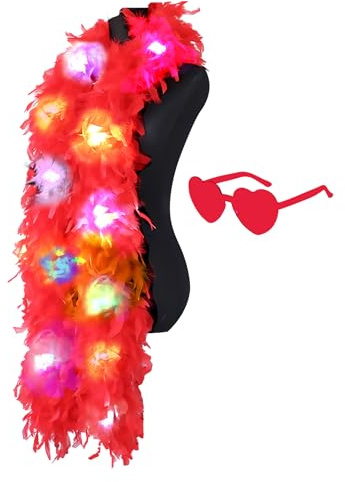 Colorful Feather Boas, 6.6ft Boa with 20 Color LED Lights for Women for Dancing Wedding Party Halloween,with Heart Sunglasses (Red)