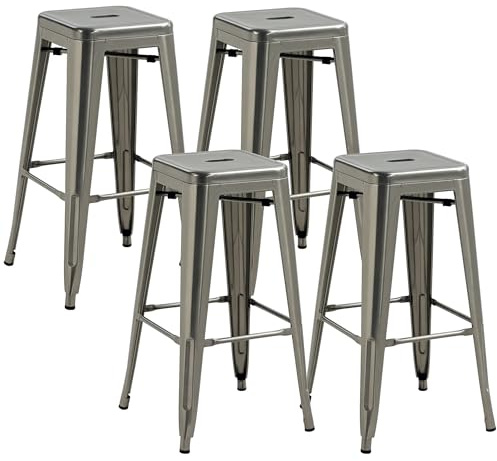 HOMCOM Lot de 4 tabourets de Bar Empilable Chaise de Bar Industriel avec Repose-Pied Hauteur d'Assise 76 cm, Cadre en métal, Style rétro, pour Salle à Manger, Balcon, bistrot ou Bar, Argent
