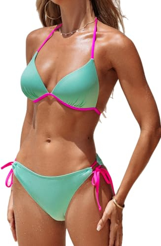 CUPSHE Women's Bikini Sets Halter Triangle Top Push Up Backless Low Rise Strappy Two Piece Swimuit Color Block Simwear Mint Green/Pink M