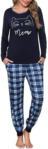 Leversic Pigiama Donna Invernale Pigiama Donna Cotone Pigiami da Donna a Maniche Lunghe Set Pigiama Donna Morbido e Confortevole Blu Navy XXL