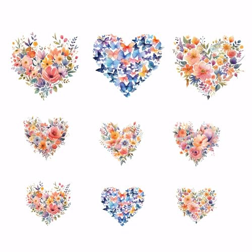 SUPERDANT 9PCS Flowers Iron on Transfer Paper for Clothing Love Hearts Heat Transfer Sticker for DIY Clothes Valentine’s Day Hearts Butterflies Valentine Iron-on Decals for Hoodies T-Shirt Jackets