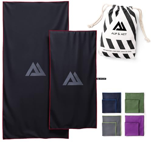 ALP & ACT Serviette Microfibre Lot de 2 - Microfibre 100% Recyclée - Super LÉGÈRE & Séchage Rapide - 150x70 cm + 100x50 cm - Camping Accessoires : Serviette Voyage & Bain, Drap de Plage - Noir