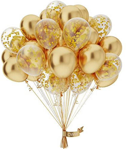 OWill Lot de 50 ballons dorés à confettis dorés de 25,4 cm, pour le Ramadan, un anniversaire, une fête prénatale, un mariage, une remise de diplôme, le Nouvel An