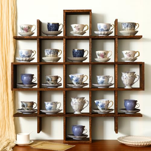 Suzile Oversize Tea Cups and Saucers Shelf Rustic Wooden Coffee Display Shelves Wooden Floating Curio Shelf Mounted Tea and Saucer Rack Holder for Kitchen Station Bar Accessories(Brown)