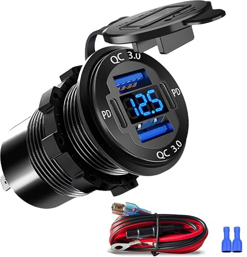 Upgraded 4 Port 12V USB Outlet, 78W Dual PD & QC Aluminum Alloy USB Ports with LED Voltmeter Waterproof for Cars, Cigarette Lighter Replacement 12V Socket for Boats RV Trucks and Motorcycles