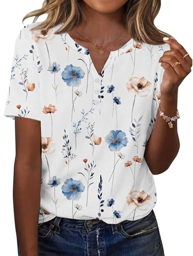 GRMLRPT T-Shirt Femme Été Imprimé Blouse Chic Col V Tops à Manches Courtes Hauts Décontracté Ete Chemisier(Multicolore,S-XXL)