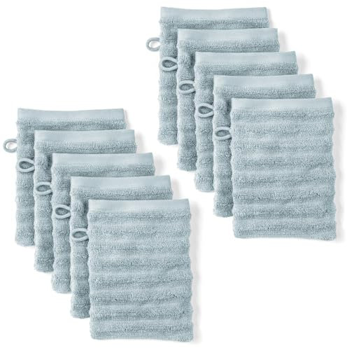 Pure Label Waschlappen - 10er-Pack 16x21cm aus 100% Baumwolle - saugstark, schnelltrockend & weich - Waschhandschuh mit Anhängeschlaufe - Oeko-TEX Zertifiziert - Blaugrau