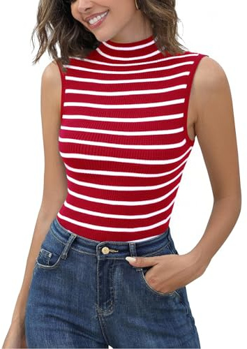 Aottori Camiseta sin Mangas Mujer Jersey Cuello Alto Punto Acanalado Suéter Top de Rayas Elegante Elástica Ajustado Básico Pullover Casual #Rojo S