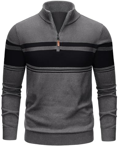 TACVASEN Maglione da uomo con cerniera a un quarto di lunghezza, in cotone, a maniche lunghe, a righe, casual, per autunno e inverno, Grigio scuro, XL