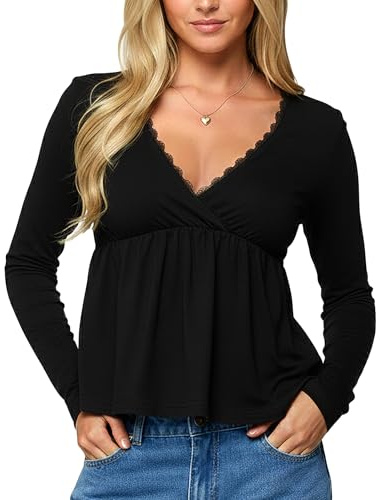 Coloquin Women Long Sleeve Peplum Tops V Neck Lace Trim Babydoll Wrap Top Cute Going Out Tops Blouse