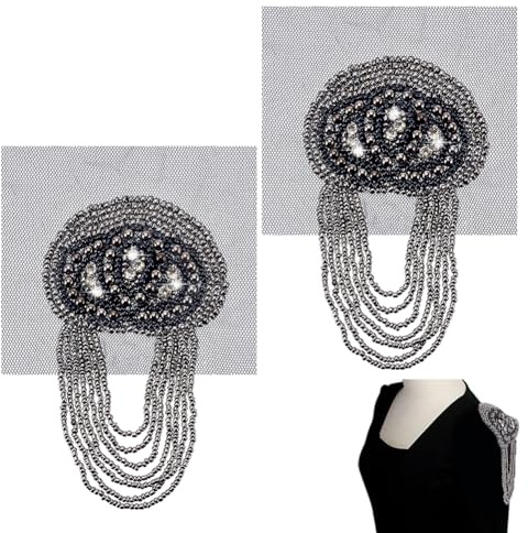 AHANDMAKER 1 Pair Beaded Shoulder Epaulette Rhinestone Shoulder Brooch Pin Punk Shoulder Epaulette Tassel Fringe Shoulders Patches for Men Women Stage Outfit Gown Halloween Costume, Black