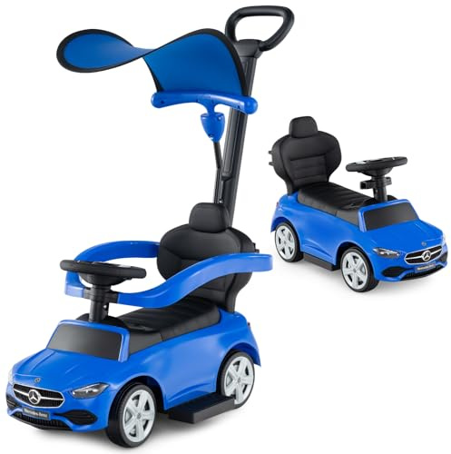 GOPLUS 3 en 1 Porteur Bebe Mercedes-Benz pour Tout-Petits 1,5-3 Ans, Voiture à Pousser ave cAuvent Réglable, Rangement, Voiture Jouet Pied au Sol avec Sons Réalistes, pour Enfant (Bleu)