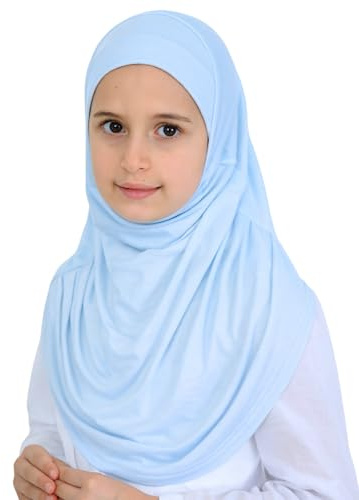 Prien Hijab Pret A Porter Fille – Echarpe Musulmane Douce en Viscose pour Enfant, Foulard Instantane, Vetement Islamique Pour Femme, Couverture de Tete pour Ramadan, Eid et Priere (Bleu Clair)