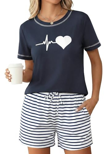 Leversic Pijama Mujer Verano Algodón Manga Corta Conjunto de Pijama Corto con Camiseta y Shorts Ropa de Dormir y Casa Azul Marino,XXL