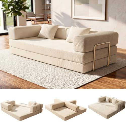 Besbed Boneless Modular Floor Sleeper Sofa Bed, 2-Seater Fold Out Futon with Fixed-Shape Frame, High-Density Foa, Chenille, for Living Room Bedroom Guest Room (Cream, 2-Seater)