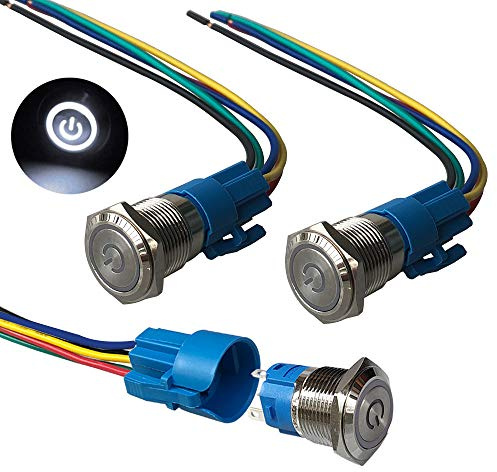 QitinDasen 3Pcs Premium 12V / 24V 5A Interruttore a Pulsante Autobloccante, 19mm Interruttore a Pulsante in Metallo con LED Bianca, Interruttore Avviamento Auto in Acciaio Inossidabile impermeabile