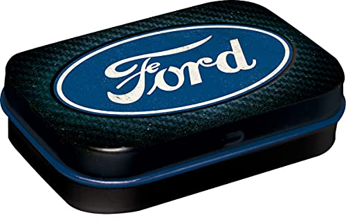 Nostalgic-Art Retro Pillendose, 4 x 6 x 1,6 cm, Ford – Logo Blue Shine – Geschenk-Idee für Ford-Zubehör Fans, Original Lizenzprodukt (OLP), mit Pfefferminz-Dragees, Vintage Design