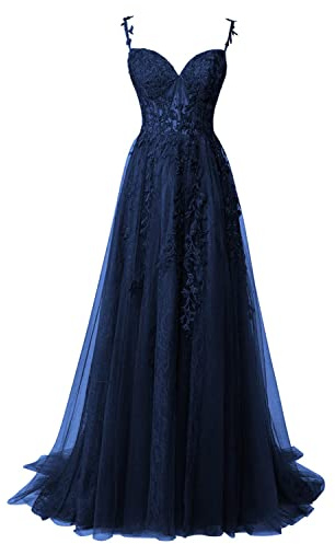 QSICO Robe de soirée élégante en tulle pour femme - Appliques en dentelle - Robe de bal longue fendue - Robe de remise de diplôme formelle, Bleu marine, 34