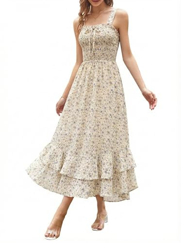 GRACE KARIN Women's 2025 Summer Floral Boho Dress Square Neck Strapped Swing A Line Sundress Beach Long Maxi OutfitsLight Yellow S