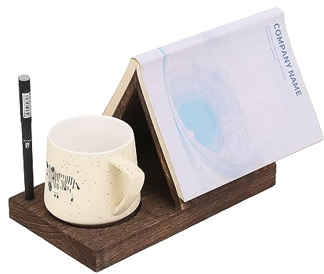 Triangelbokmärke i trä med dryckeshållare | nattställ bokhållare | bänkskiva recepthållare| trä triangel bok lässtöd med slitsad | bokhörndisplay | morföräldrar daggåvor (brun)