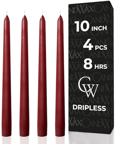 CANDWAX Burgundy 10 inch Taper Candles Pack of 4 - Unscented Dripless Burgundy Candlesticks - Perfect as Christmas Decorations and Home Decor for Dinner Table Centerpieces - Christmas Taper Candles