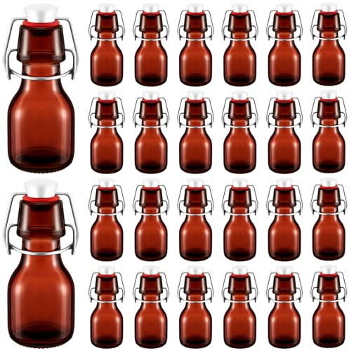 Tessco 24 Pcs Amber Mini Glass Bottle with Swing Top Decorative Mini Olive Oil Bottles Small 2 Oz Glass Jars with Lids for Wedding Themed Party Favors Crafts Extracts Decoration Vanilla Extract Sauce