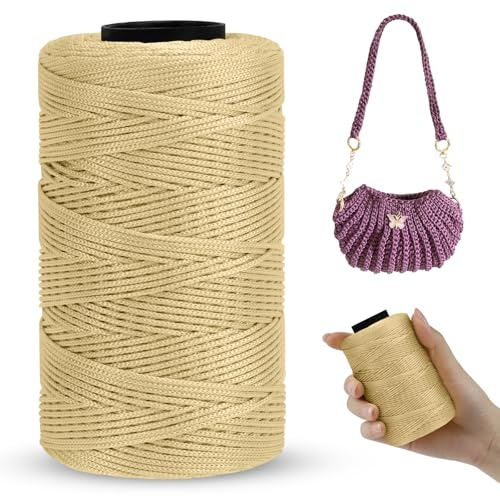 LEREATI Cordino per Borse Uncinetto Piatto Filo Macrame 1mm x 230m Macrame Corda Colorata Cordoncino per Borse a Uncinetto, Arazzo da Parete, Acchiappasogni, Fai da Te (Cachi)
