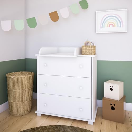 Kids Collective Wickelkommode Wickeltisch Kommode mit abnehmbarem Wickelaufsatz mit 3 Schubladen in Weiss Made in Europe