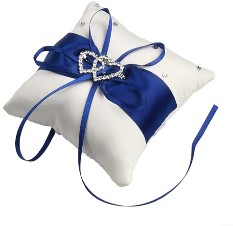 Coussin pour alliances avec ruban de satin blanc et double cœur Bleu