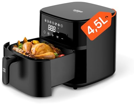 Avilia - Friggitrice ad Aria Digitale Frya 4,5 L - Potenza 1200W, Timer 60 Minuti, Temperatura Regolabile 80-200°C, 7 Programmi di Cottura, Senza Olio (Nero)