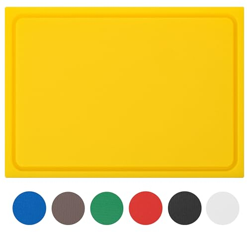 Muvell Tabla de cortar amarilla 45 x 30 x 2 cm de plástico con canal para jugos - Extra gruesa - Apta para lavavajillas - HACCP especial para pollo - Tabla de cocina profesional