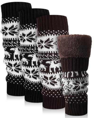 Shihanee 2 Pairs Winter Leg Warmers Women Fleece Lined Calf Leg Warmer Boot Toppers Socks Vintage Knit Long Socks for Outdoor Cold Weather Christmas