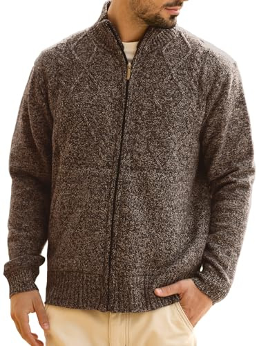 Les umes Chaqueta Cardigan Chaleco para Hombre a Punto Grueso, con Cuello Alto, Estilo Casual y Cierre Cremallera por el Frente | Prenda Cálida de Forro Polar para Otoño e Invierno café S