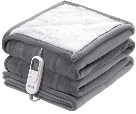 VEVOR Coperta Riscaldata Queen, 180 x 200 cm, Morbida Flanella di Lana d'Agnello, Coperta con 9 Impostazioni di Tempo 6 Impostazioni di Calore, Coperta Calda Spegnimento Automatico Dopo 8 Ore Grigio