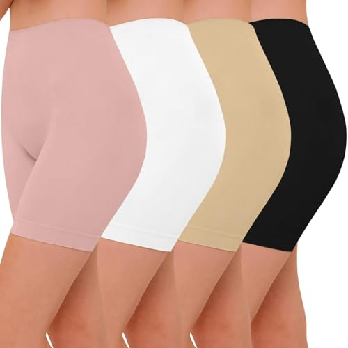 AURUZA 4pcs Anti Chafing Shorts Women, Seamless Slip Shorts Comfortable Underwear for Dresses Skirts Running Cycling Walking Yoga Everyday Wear (Black Nude White Pink, L)