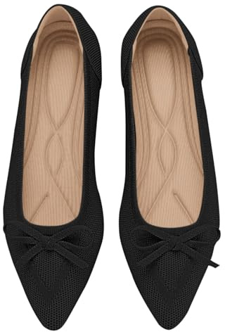 TINGRISE Women's Flats Pointed Toe Bow Knit Ballet Shoes Comfortable Dressy Mesh Slip On Flat Black 6UK