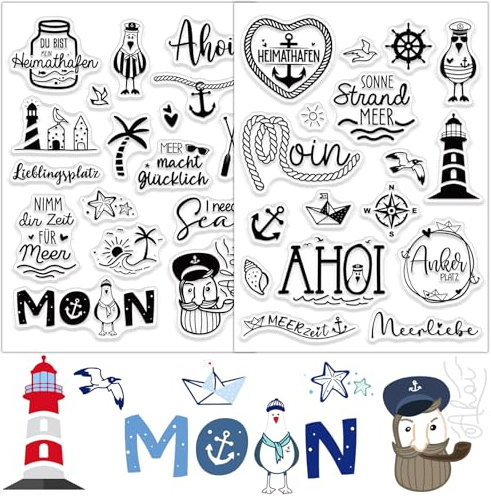 Silikon Stempel Maritim 2 Blatt Silikonstempel Set Leuchtturm Klare Stempel Meer Maritime Sprüche Deutsch Stempelmotive Clear Stamps zum Kartenbasteln DIY Scrapbooking Fotoalbum Geschenkanhänger