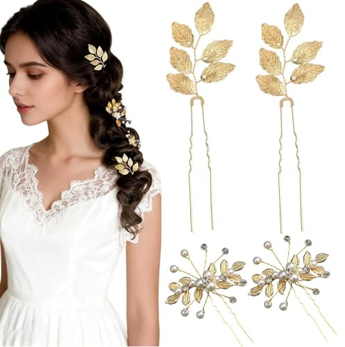 YTAXYZWR forcine Capelli Sposa 4 Pezzi Accessori Capelli Donna Foglie Dorate con Perle Cristalli Stile retrò Elegante per Matrimonio Cerimonia Festa